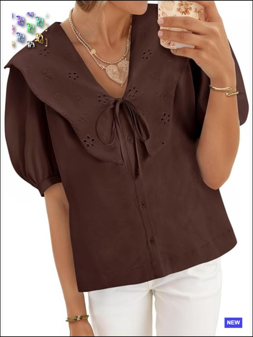 Peter Pan Collar Puff Short Sleeve Button Down Blouse Cotton Eyelet Loose Fit